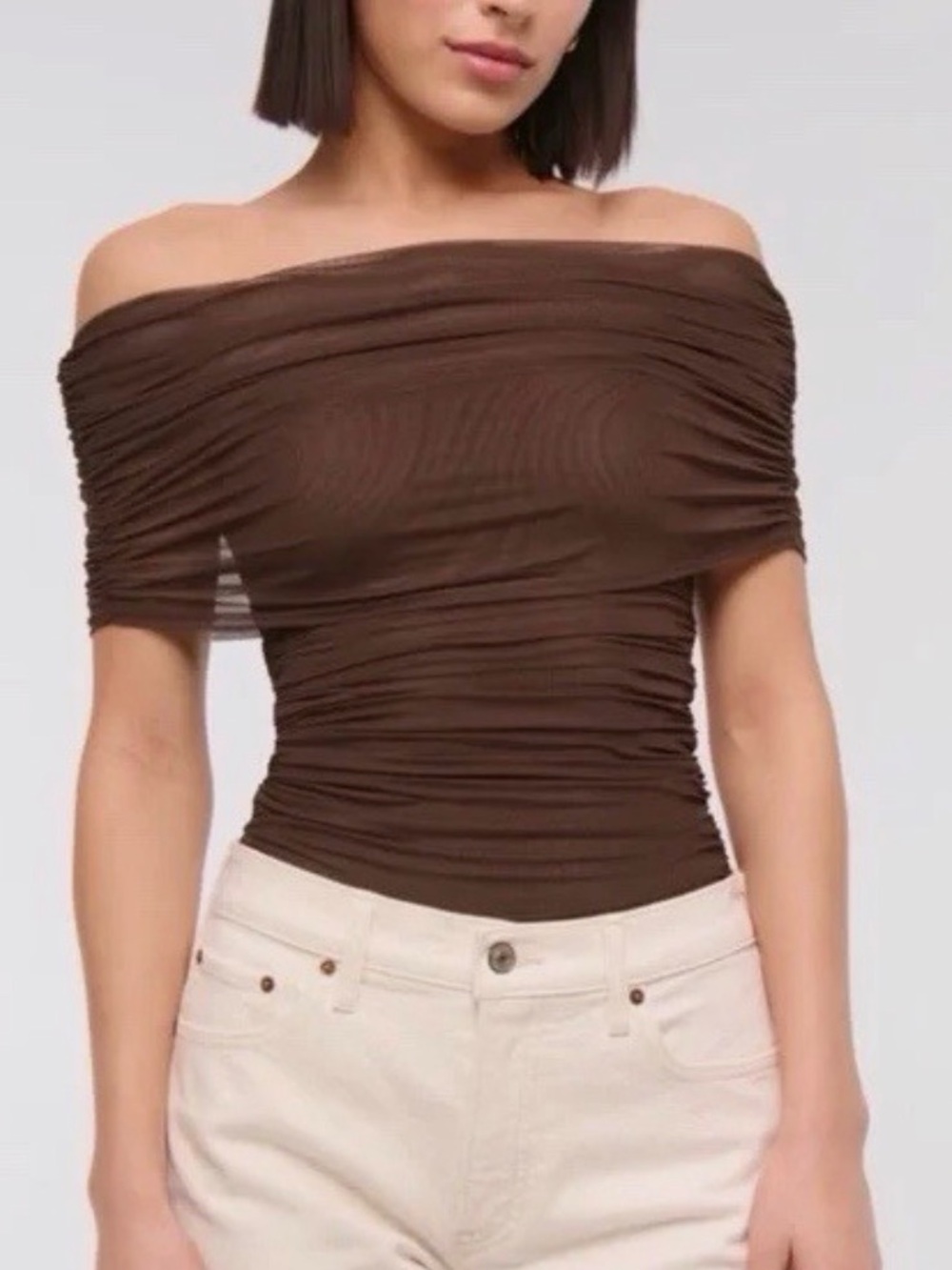 Abercrombie & Fitch Brown Off-Shoulder Mesh Bodysuit